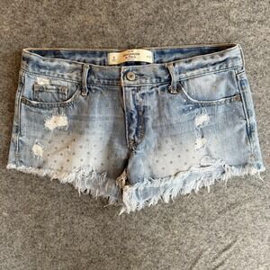 Abercrombie & Fitch Shorts Womens 4 W27 Blue Denim Distressed Polka Dot Fray Hem